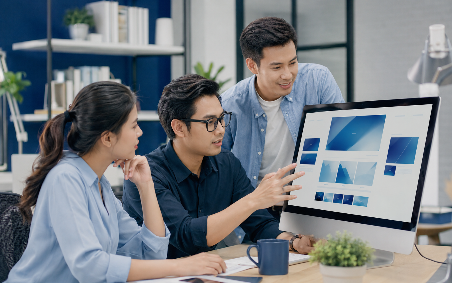Tim web profesional meninjau desain website pada monitor